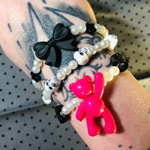 Teddy Bears + Skulls Cute Kawaii Stretchy Bracelets Set of 3 Handmade